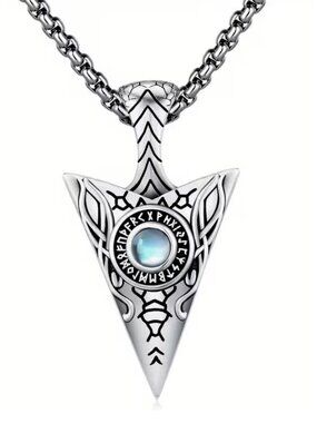Viking Inspired Norse god Odin Arrowhead Necklace Synthetic Blue Moonstone